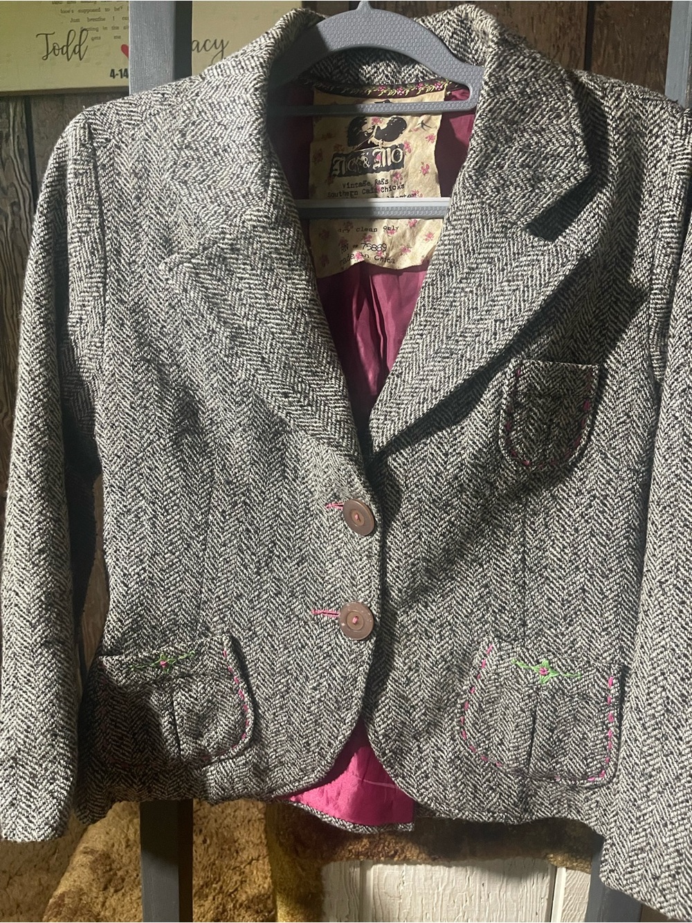 Nick & Mo Gray Herringbone Tweed Blazer with Pink Lining